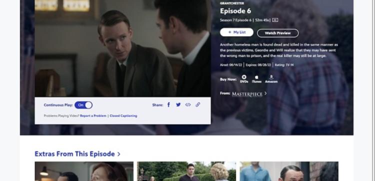 Screenshot of Grantchester streaming on PBS