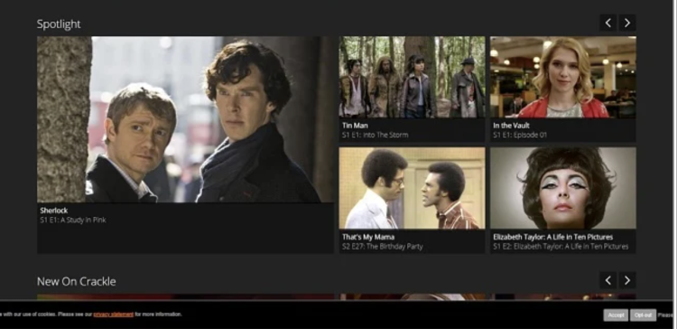 Screenshot of title options on Sony Crackle's home screen