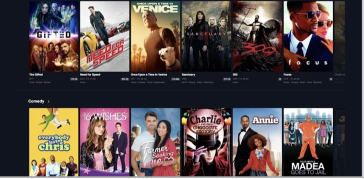 Screenshot of title options on Tubi TV's home screen