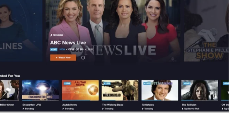 Screenshot of live TV options on Sling TV's home screen