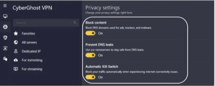 image of CyberGhost's Windows app, highlighting its privacy settings.