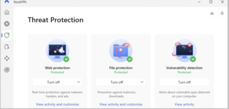 image of NordVPN's Windows app, showing the Threat Protection settings.