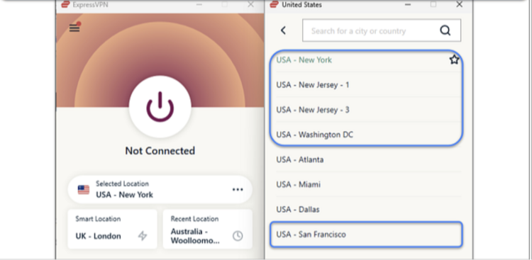 image of ExpressVPN's Windows app, highlighting the servers in the US where adult content is easily accessible.