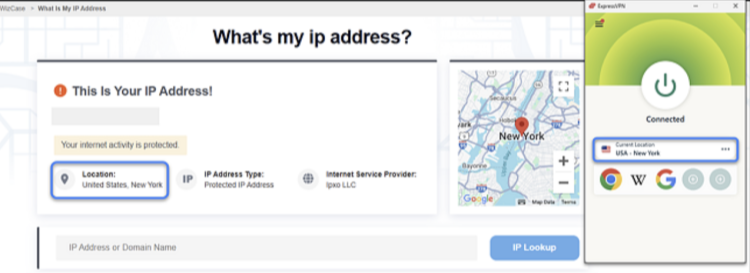 image of WizCase's IP address lookup tool showing a US IP, with ExpressVPN connected to a server in New York, USA.