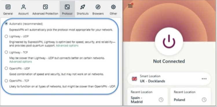 image of ExpressVPN's Windows app, showing the available protocols in the app Options.