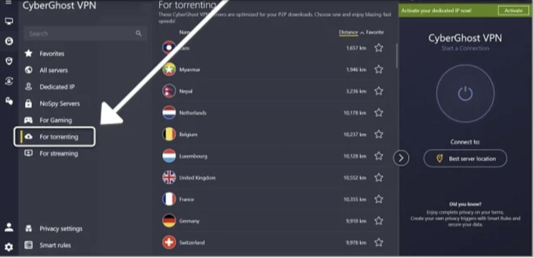 Screenshot of CyberGhost's torrent-optimized server list