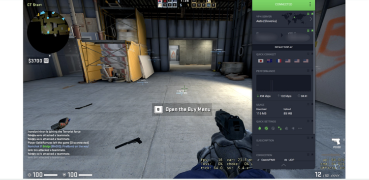 Screenshot of gaming with PIA on local servers
