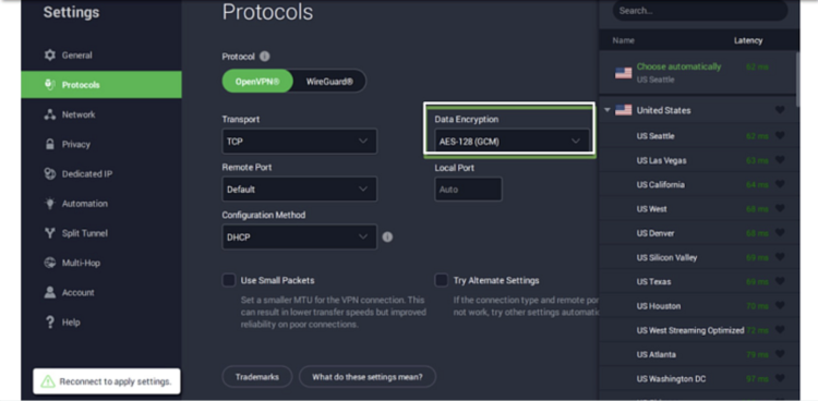 Screenshot of PIA app showing encryption levels