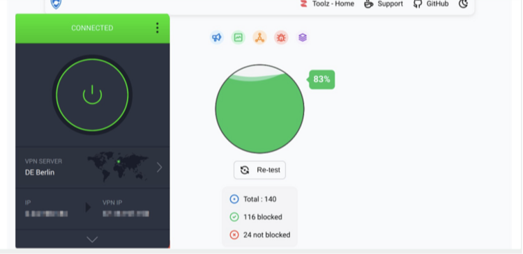 Screenshot of PIA MACE feature blocking ads test results