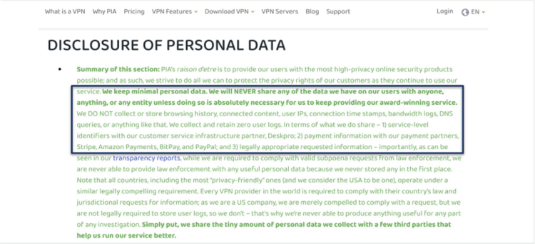 Screenshot of PIA's no logs policy