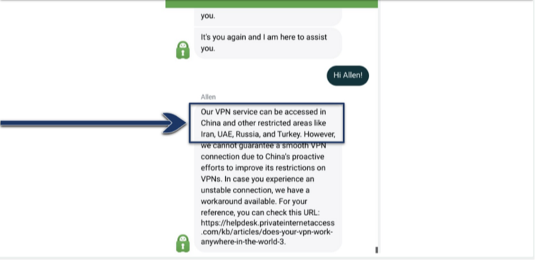 Screenshot of conversation with PIA customer support agent confirming that it works in China