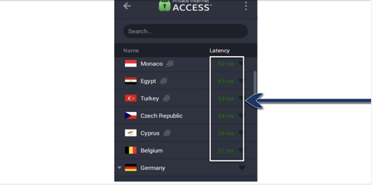 Screenshot showing PIA Windows app server list