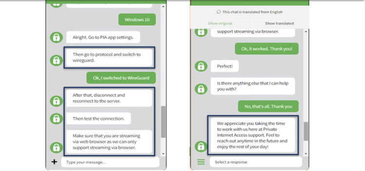 Screenshot of conversation with PIA live chat getting help with streaming issue