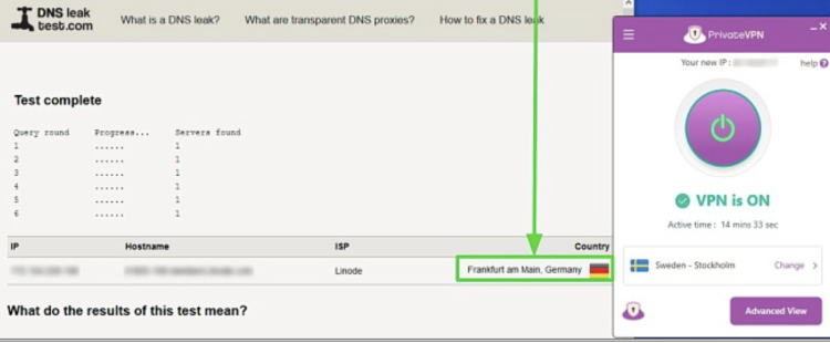 Screenshot of a DNS leak test revealing a DNS server in Germany while connected to a PrivateVPN server in Sweden