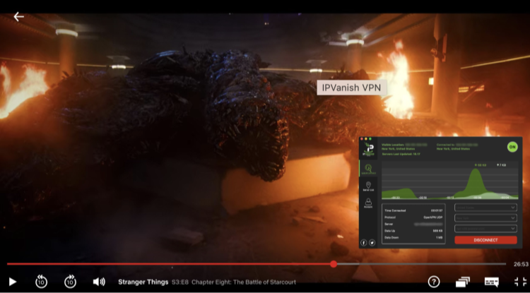 Screenshot of IPVanish streaming Stranger Things on Netflix