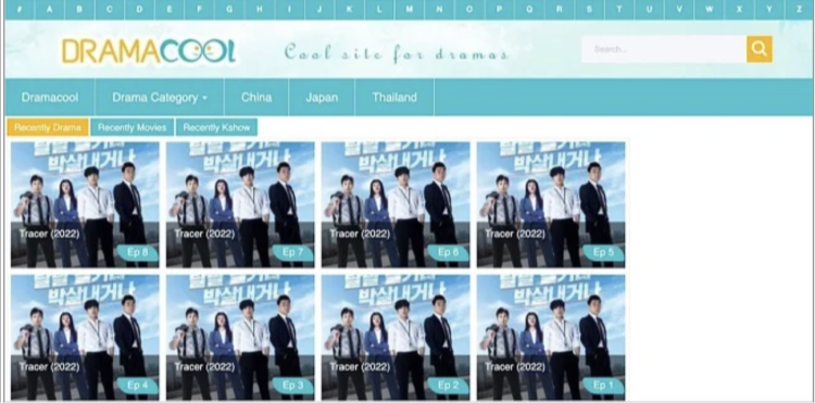 Screenshot of the Dramacool homepage showing Korean drama shows