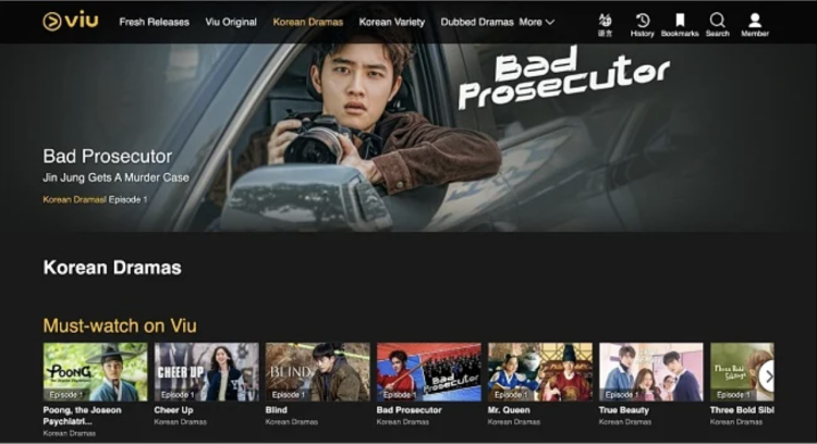 Screenshot of the Viu homepage showing Korean drama shows