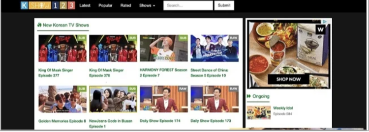 Screenshot of the Kshow123 homepage showing Korean drama shows