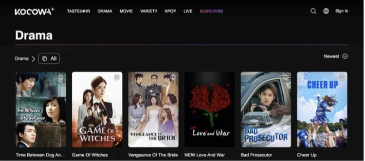 Screenshot of the KOCOWA homepage showing Korean drama shows