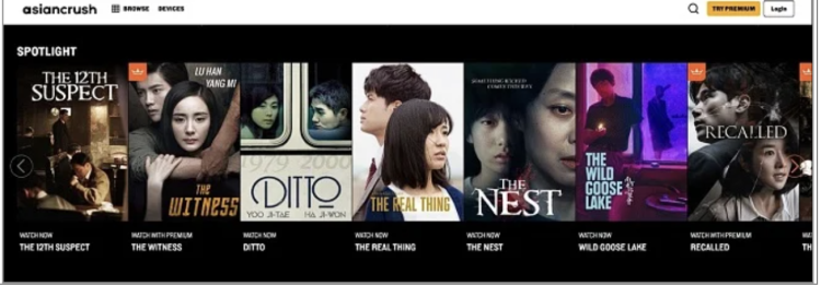 Screenshot of the AsianCrush homepage showing Korean drama shows
