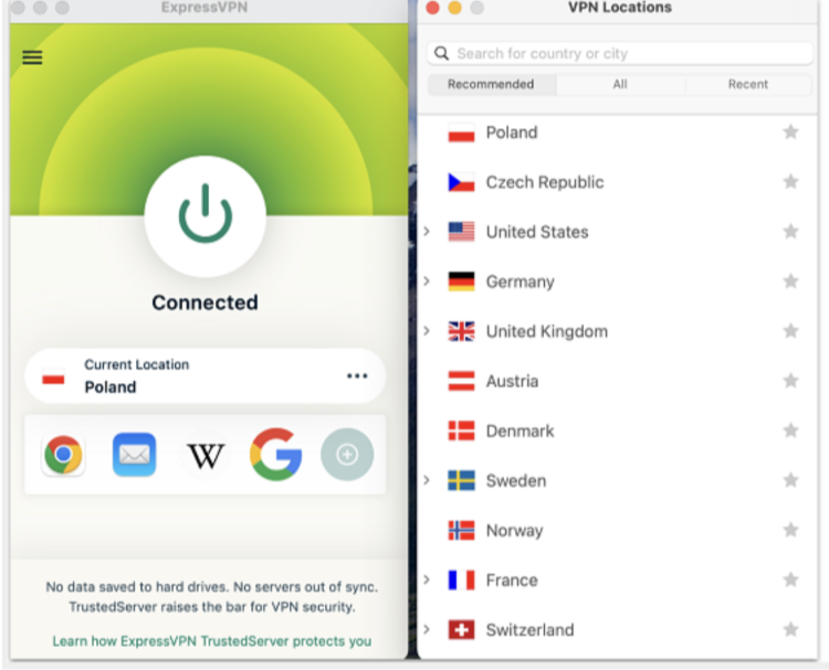 Screenshot of the ExpressVPN server listExpressVPN has servers in over 100 countries