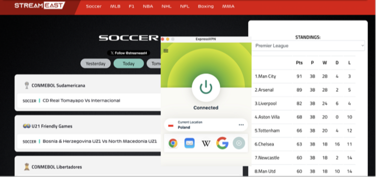 Screenshot of accessing StreamEast with ExpressVPN connectedIf you’re having issues, try clearing your browser cache and reloading