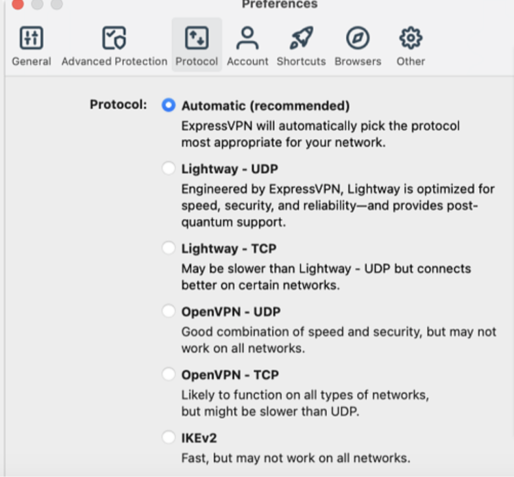Screenshot of the ExpressVPN protocols list