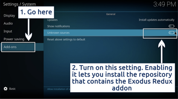 Screenshot showing how to enable Unknown Sources in KodiConfirm any warning messages by clicking “Yes”