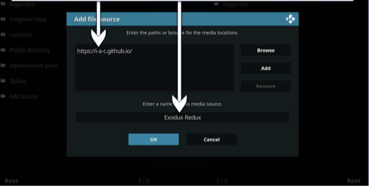 Screenshot showing how to add file source to the Kodi File ManagerOnce you click OK, it should be listed in the File manager window