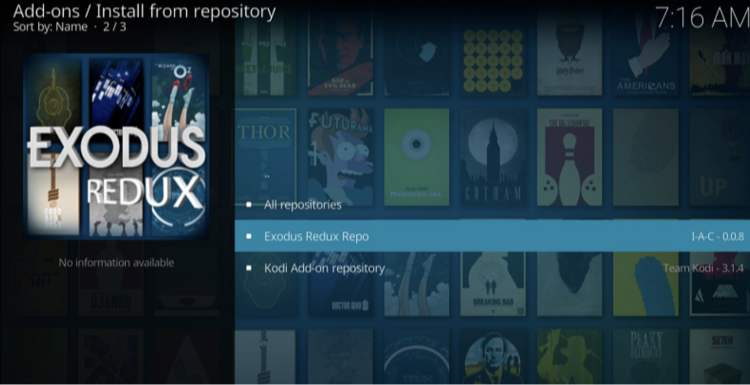 Screenshot of Exodus Redux Repo in the list of Kodi repositories