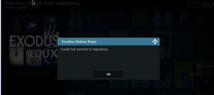 Screenshot of Exodus Redux Kodi repository not working