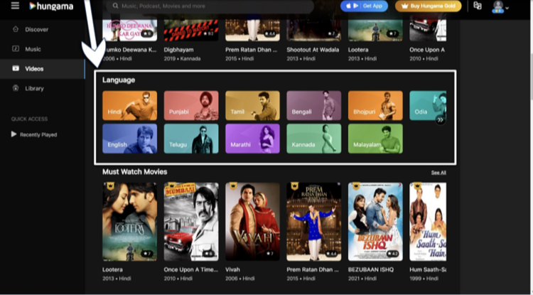 Screenshot of the Hungama Interface with its movie language optionsHungama also has a decent selection of devotional films in Hindi