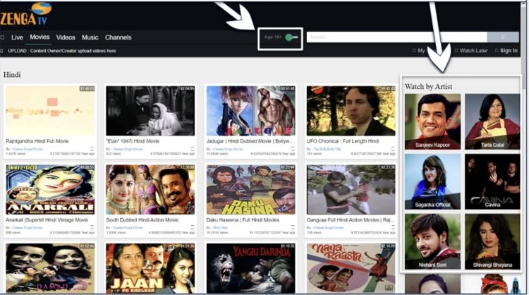 Screenshot of Zenga TV's selection of Hindi films