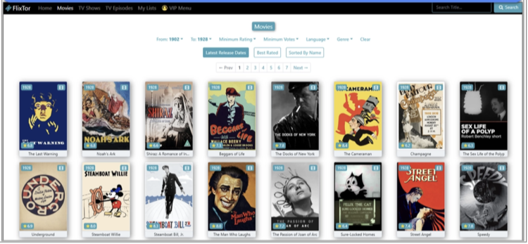  image of FlixTor's movies page showing public domain content.