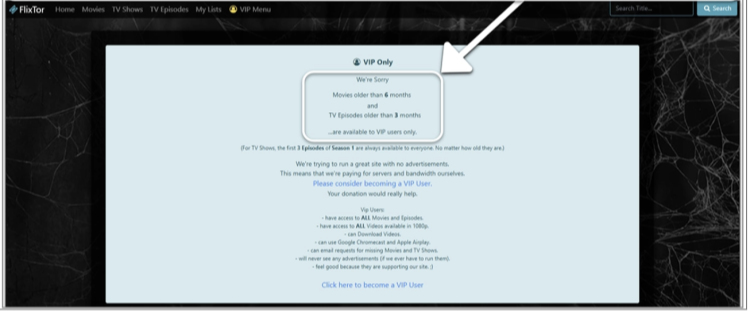   image of FlixTor's website showing that content is restricted only to VIP users.