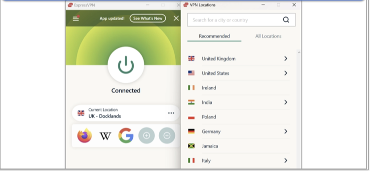 Screenshot showing ExpressVPN connected to a nearby server