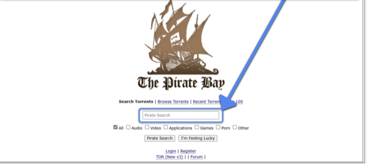 Screenshot of the search function on ThePirateBay