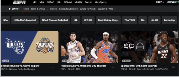 Screenshot showing ESPN's main streaming page