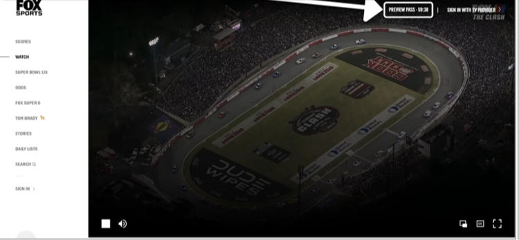 Screenshot of Fox Sports allowing 60 minutes of viewing before signing in