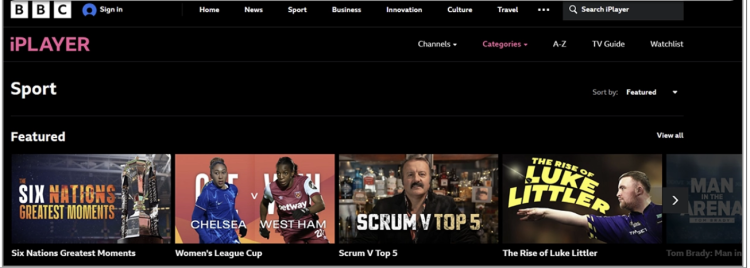 Screenshot of the various kinds of sports content on BBC iPlayer
