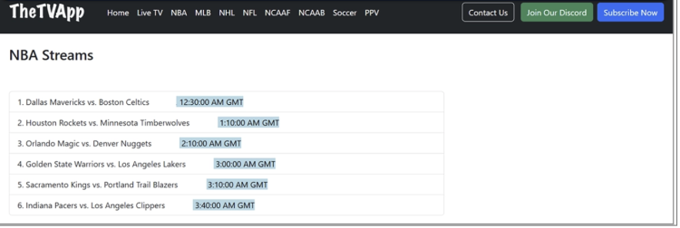 Screenshot showing a schedule of upcoming NBA matches on TheTVApp