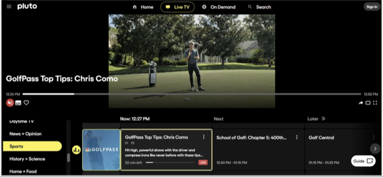 Screenshot showing live streams working on Pluto TV without signing in