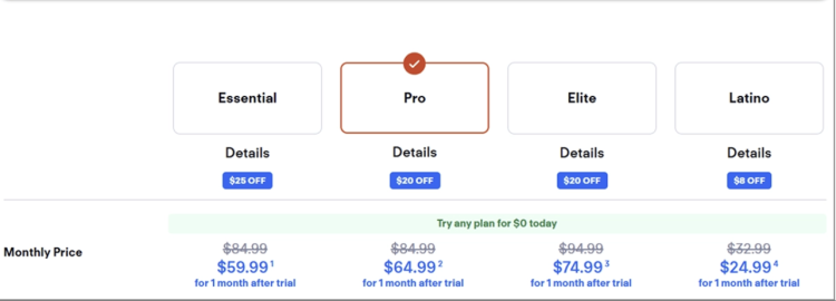 Screenshot showing that all of fuboTV's plans have a 30-day free trial