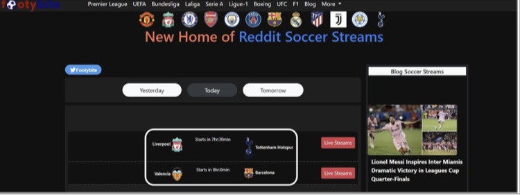 Screenshot of FootyBite highlighting important upcoming soccer matches