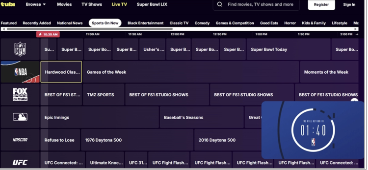 Screenshot showing how to navigate through Tubi's various channels