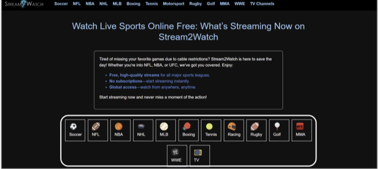 Screenshot showing the various sports available on Stream2Watch