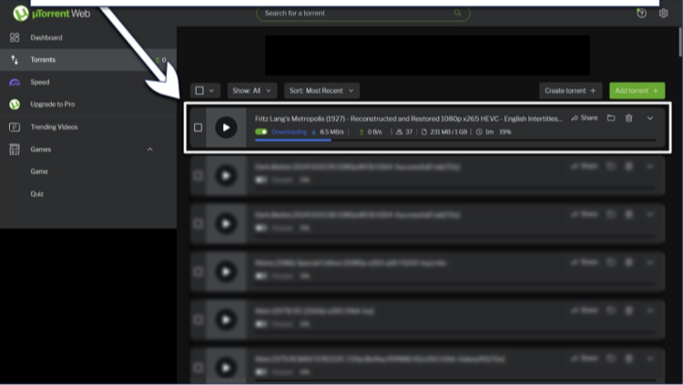 Screenshot of downloading Metropolis (1927)using uTorrent Web on Windows