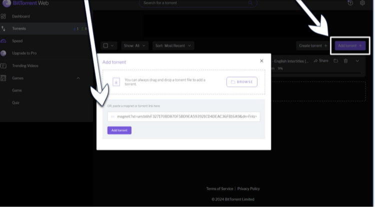 Screenshot of the BitTorrent Web interface on Windows Chrome
