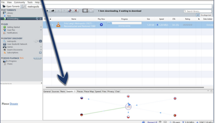 Screenshot of the Vuze Windows client with its swarm visualization feature