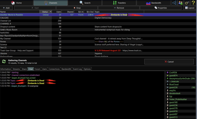 Screenshot of the Tixati Windows client with a chat channel open